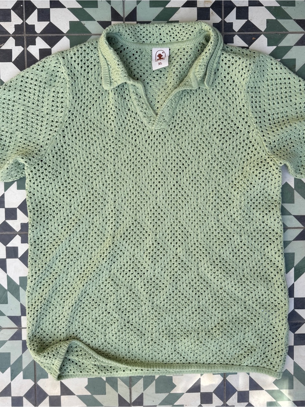 Dandy Del Mar Antibes Men’s Collared V‑Neck Open‑Knit Sweater in Pistachio